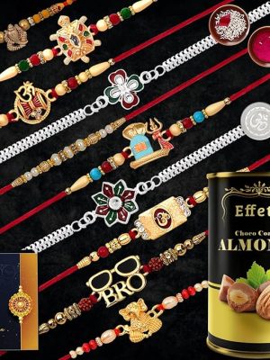 DeoDap Multicolor Ganpati, Turtle, Shiva's Lingam, Om, Trishul & Damroo Colorful, 2 Flower Silver Color, Chocolate Dry Fruits, Silver Color Pooja Coin, Roli Combo, Set Of 10 Rakhi