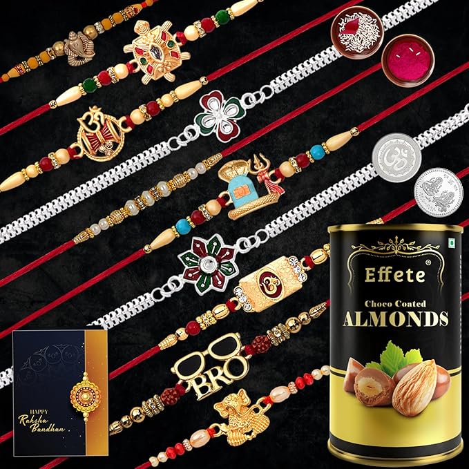 DeoDap Multicolor Ganpati, Turtle, Shiva's Lingam, Om, Trishul & Damroo Colorful, 2 Flower Silver Color, Chocolate Dry Fruits, Silver Color Pooja Coin, Roli Combo, Set Of 10 Rakhi 1 DeoDap Multicolor Ganpati, Turtle, Shiva's Lingam, Om, Trishul & Damroo Colorful, 2 Flower Silver Color, Chocolate Dry Fruits, Silver Color Pooja Coin, Roli Combo, Set Of 10 Rakhi